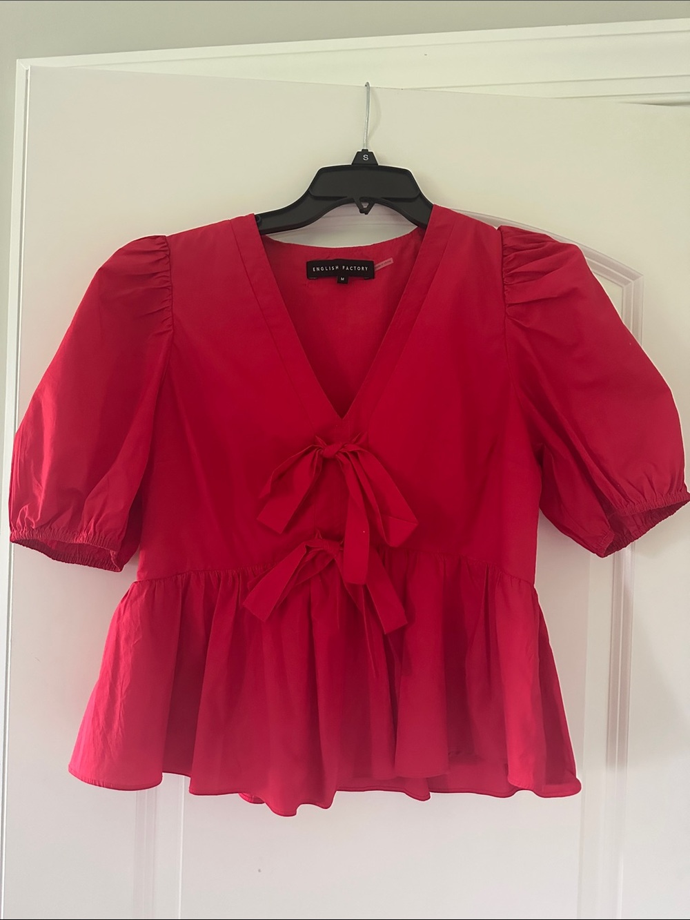 English Factory Red V-Neck Puff Sleeve Peplum Blouse with Front Ties